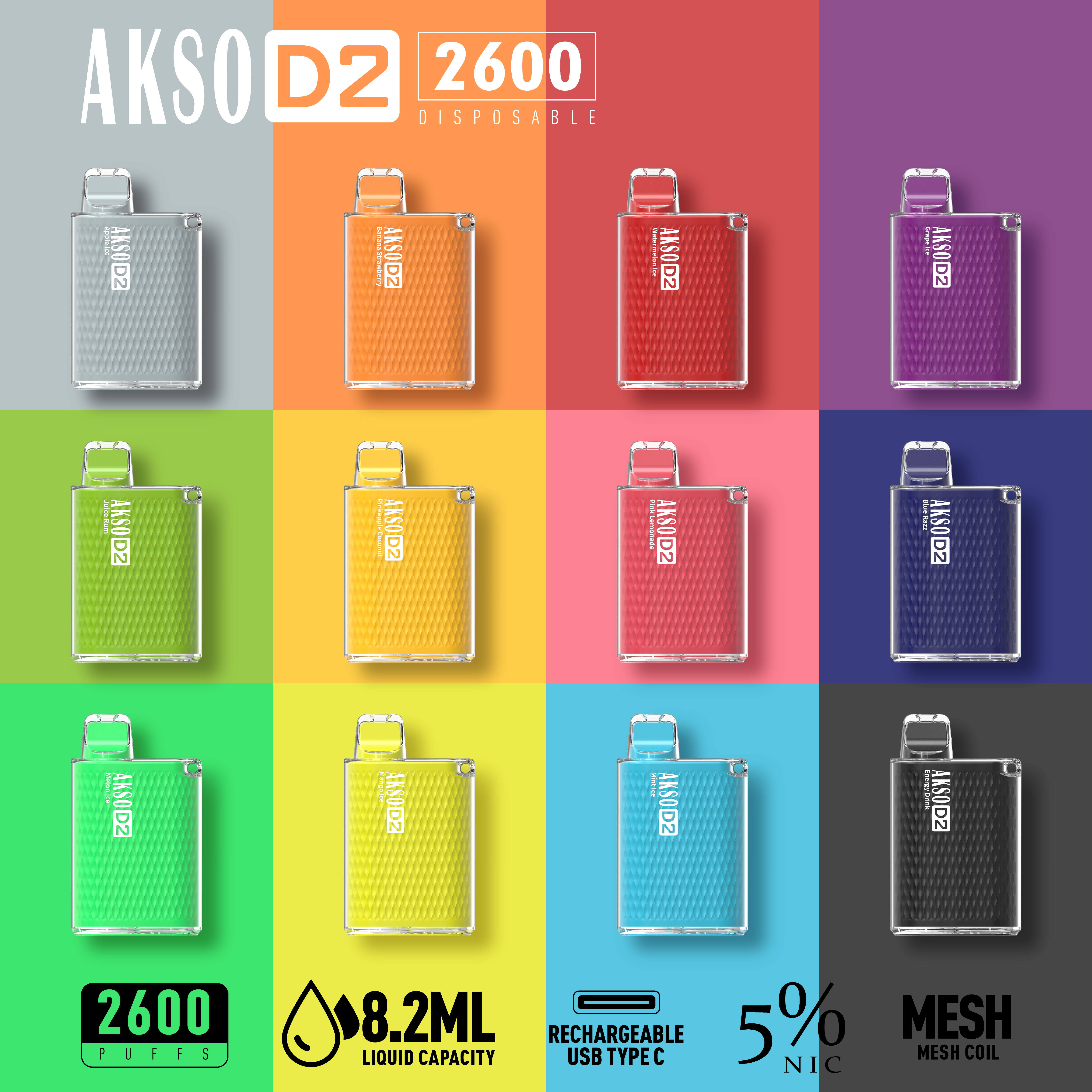 HCigar AKSO D2 Einweg-Vape-Box 650 mAh (wiederaufladbar) 2600 Züge